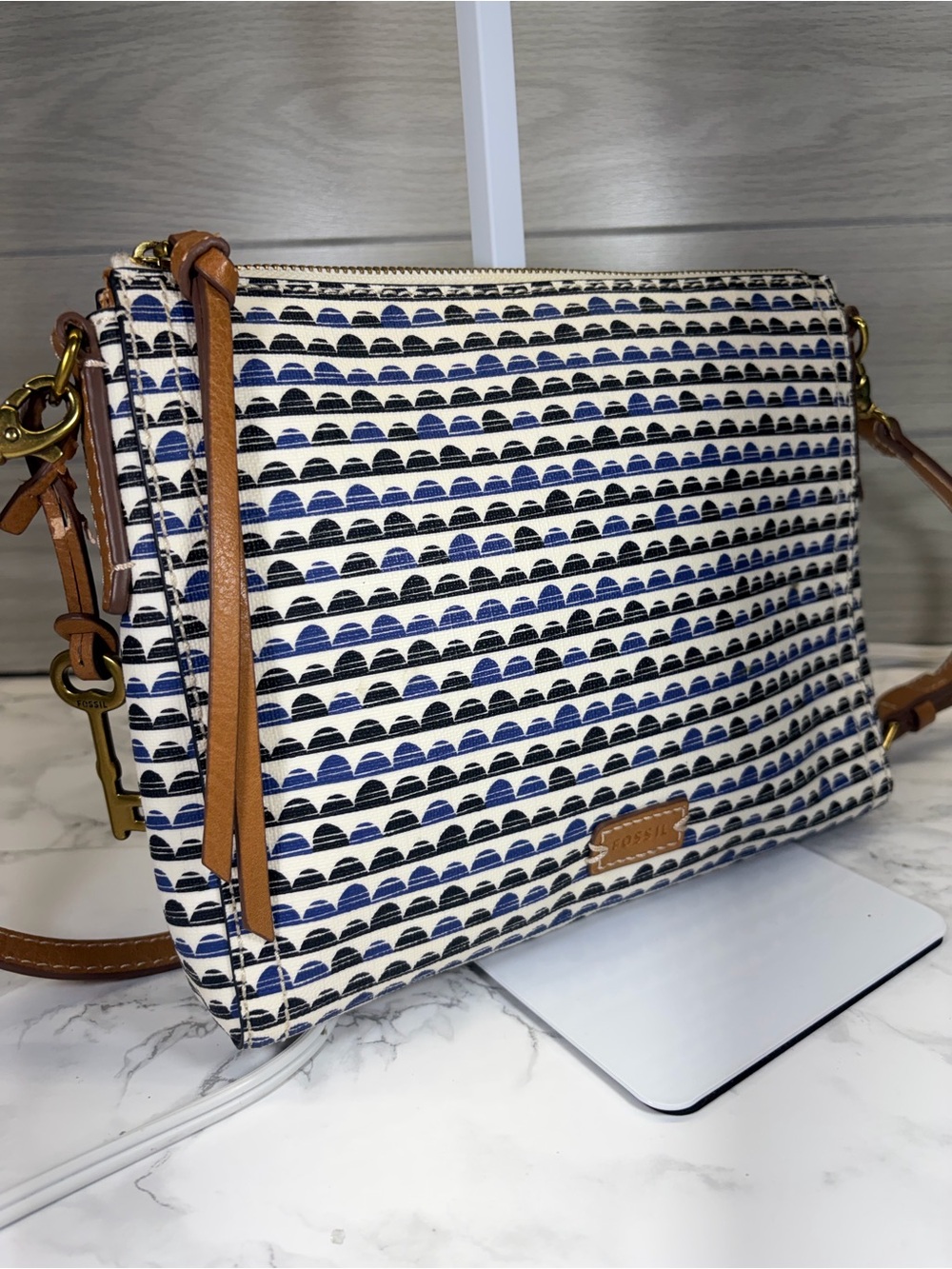 Navy and Cream Patterned Crossbody Bag with Tan Leather Trim